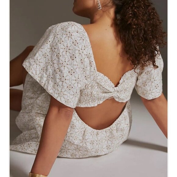 Maeve By Anthropologie Smocked Tunic Mini Dress In Cream & White Sz 1X - Picture 10 of 11